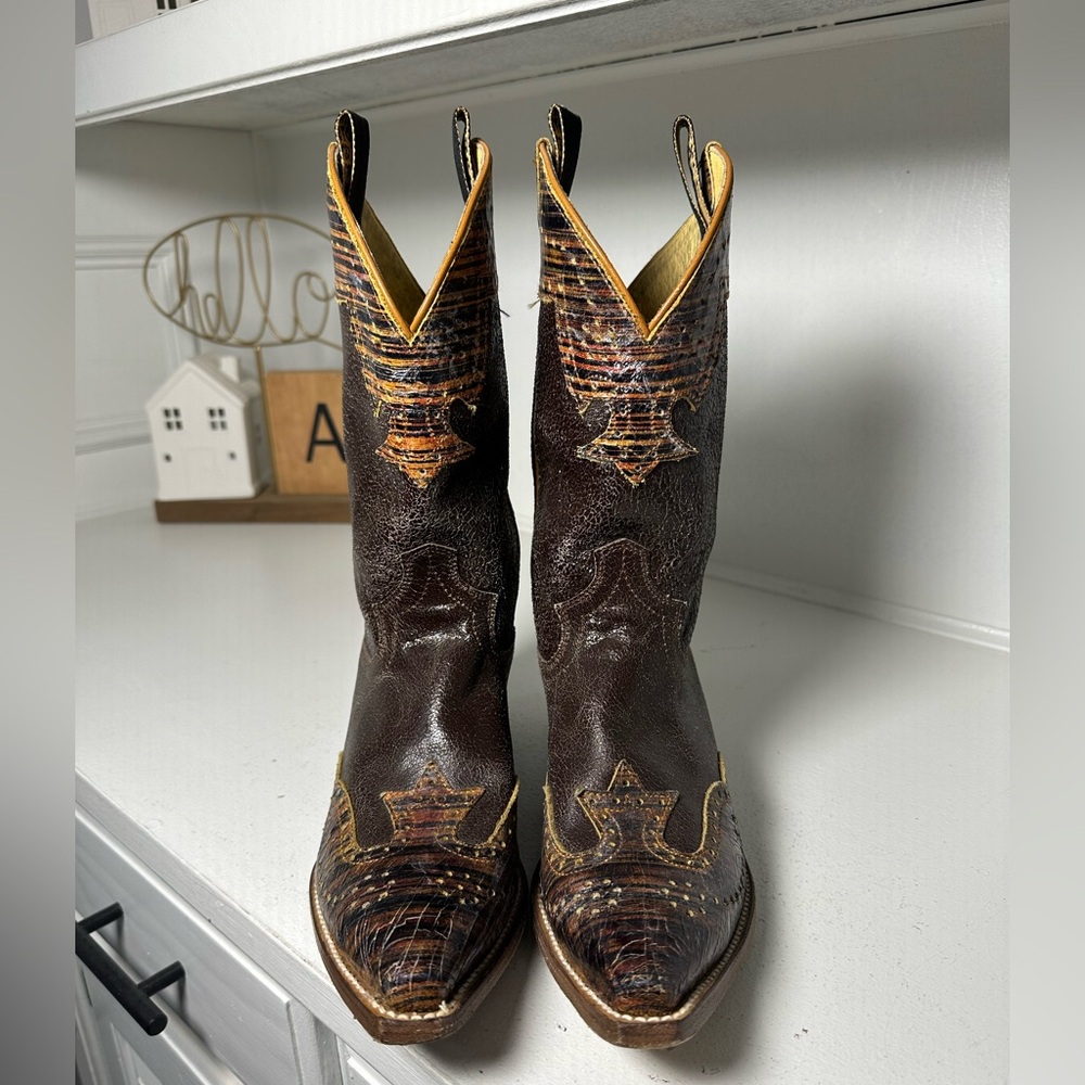 Justin Women’s 8.5B Exotic Print Cowboy Boots Brown Leather Western Cowgirl - Picture 2 of 9